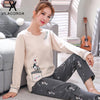Autumn New Cotton Printing Lapel Top + Long Pant 2 Piece Sets Pajamas Set For Women Cute Sleepwear Girls Pyjama M L XL XXL XXXL