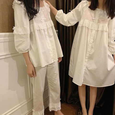 Women's Lolita Square Collar Pajama Set/Dress.Ruffles Embroidered Vintage Pyjamas Set.Victorian Nightdress Sleepwear Loungewear