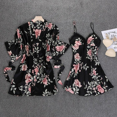 Women 2PC Strap Top Pajamas Sleepwear Sets Lady Home Wear Nightgown Suit Sexy Sleeveless Kimono Robe Bath Gown Sleepshirts M-XL