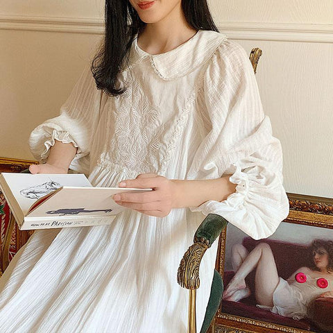 Women Lolita Dress Princess Sleepshirts Vintage Doll Collar Embroidered Flower Nightgowns.Victorian Nightdress Lounge Sleepwear