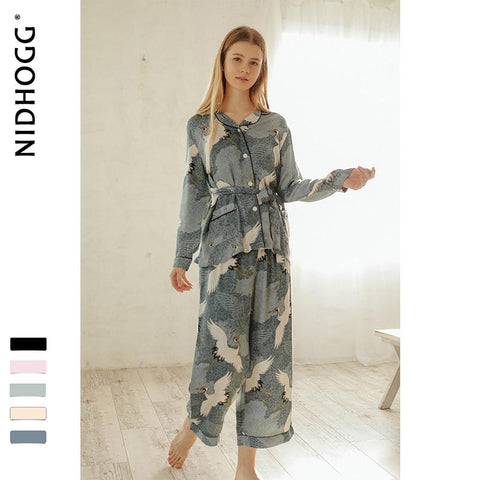 Spring New Long Sleeve Satin Pajamas Silky Super Soft Crane Printing Sleepwear Turn-down Collar Loungewear Home Clothes 2-piece