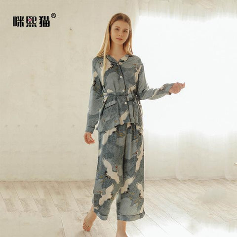 Spring New Long Sleeve Satin Pajamas Silky Super Soft Crane Printing Sleepwear Turn-down Collar Loungewear Home Clothes 2-piece