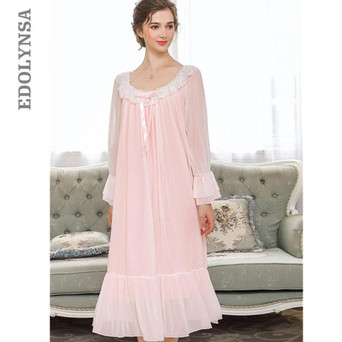 Princess Style Sleepwear For Wedding Women Autumn Pink Lace Nightgown Long Sleeve Vintage Night Dress Home Wear Sleep Shirt T312