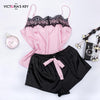 VICTORIA'S KEY Floral Lace Pink Cami Pajama Set Women Black Short Set 2019 Autumn Casual Nightwear Femme Sexy Satin Sleepwear