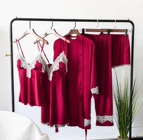 2019 European Ladies Pajamas Sets Satin Sleepwear 5 Pieces Pyjamas Sexy Lace Sleep Lounge Sleeveless Pijama Silk Nightwear