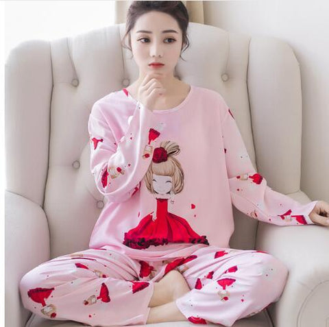2019 Women Pajamas Sets Spring Summer Long Sleeve Thin Print Cute Sleepwear Big Girl 2pcs Pijamas Mujer Leisure Student Pajama