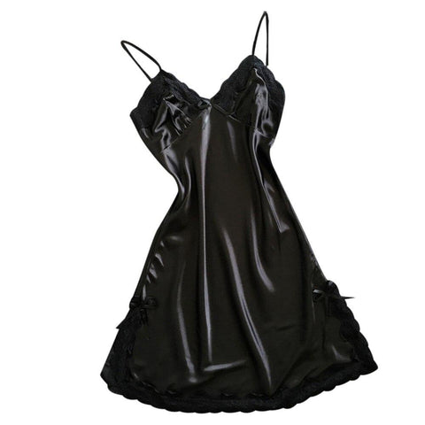 Nightdress Women Black Satin Sexy Bowknot Lace Lingerie Babydoll V-neck Sleepdress Underwear Vintage Dress Women