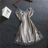 Nightdress Women Black Satin Sexy Bowknot Lace Lingerie Babydoll V-neck Sleepdress Underwear Vintage Dress Women
