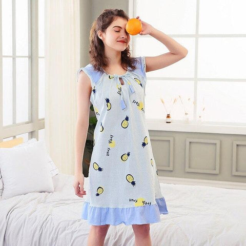 fashion cartoon print Girl Sleepwear Cotton stripe Nightdress 2019 Summer Women sleeveless Nightgown Home Wear Lovely Nightgowns