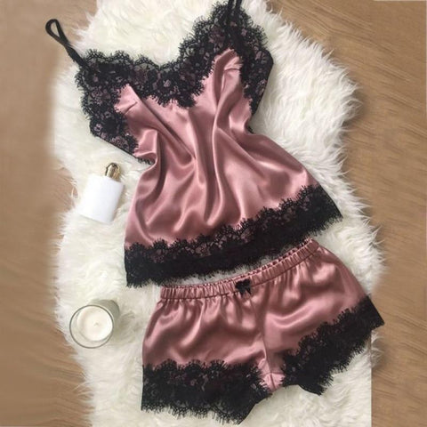 Explosive women's nightwear Simulation silk strapless cami shorts pajamas suit Large size solid lingerie Sexy lace Sleepwear