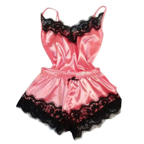 Explosive women's nightwear Simulation silk strapless cami shorts pajamas suit Large size solid lingerie Sexy lace Sleepwear