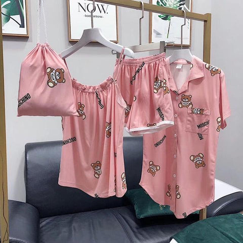2019 Brand Cotton Pajamas Set Cute Bear Women Sexy Soft Pyjama Mom Home Sleepwear Long Shirt Shorts Blinder 4 Pieces/Set