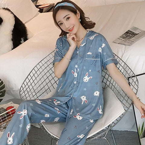 Summer new Short Sleeved Women Pajamas Set Fashion Women Lovely cartoon print pajamas Long Pant Pyjamas Cotton Leisure Sleepwear