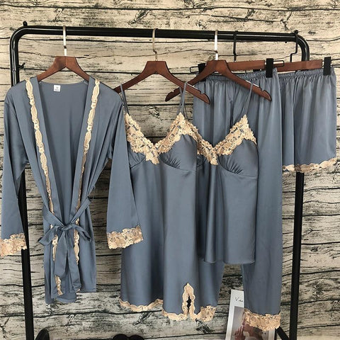 2019 New 5 PCS Lace Sexy Pajama Set  With Chest Pad Nightdress+Pant+Cardigan Set Sleepwear