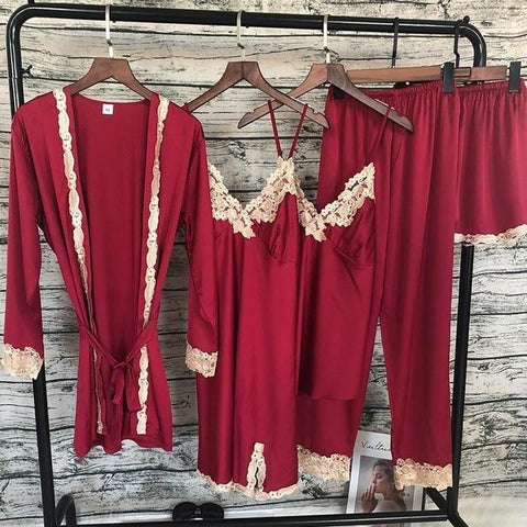 2019 New 5 PCS Lace Sexy Pajama Set  With Chest Pad Nightdress+Pant+Cardigan Set Sleepwear