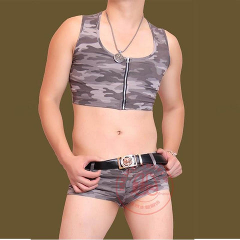 Men's Sexy Ultra Low Waist Ultra Short Short Feet + T-shirt Camouflage Metrosexual Stylish  Pattern Short Vest Suit Stage Couple