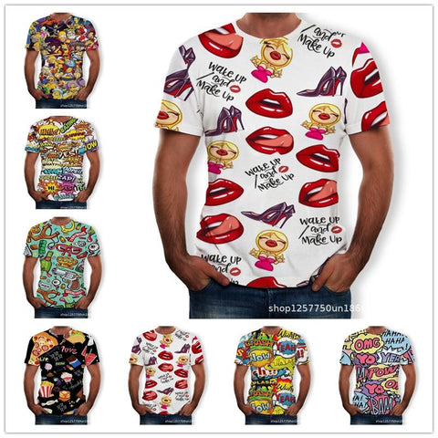 2019 Summer Men Casual Top Tees Cartoon 3D Red Lips Letter Print Short Sleeve T-Shirt Fashion O-Neck Big Size Loose Men Shirts