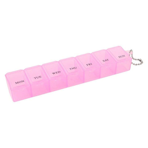 Pink Plastic Rectangle 7 Compartments Weekly Medicine Pill Box w Ball Chain