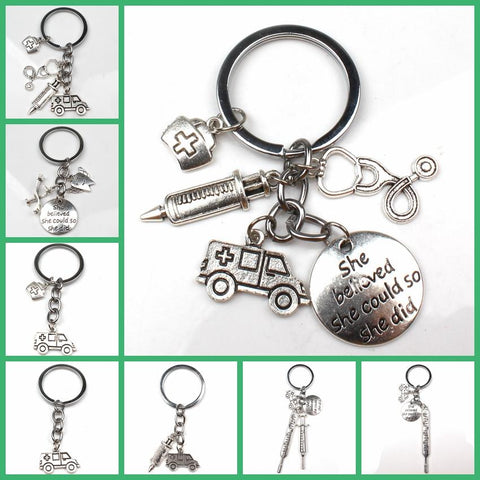 New Fashion Doctor Aid Kit Mini Syringe Thermometer Ambulance Dentist Angel Stethoscope Keychain Medicine Graduate Gift Souvenir