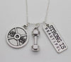 Vintage Silver 25lbs WEIGHT Barbell Fitness Kettlebell Dumbbell STRONG IS Weightlifting Necklace Charms Pendant Necklace