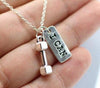 Vintage Silver 25lbs WEIGHT Barbell Fitness Kettlebell Dumbbell STRONG IS Weightlifting Necklace Charms Pendant Necklace