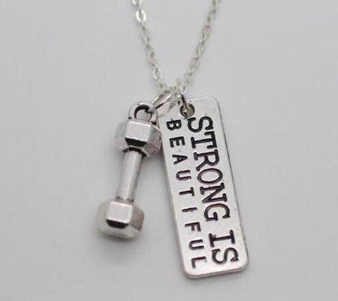 Vintage Silver 25lbs WEIGHT Barbell Fitness Kettlebell Dumbbell STRONG IS Weightlifting Necklace Charms Pendant Necklace
