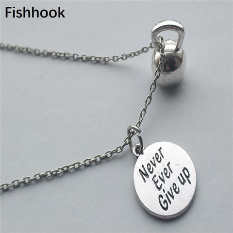 Fishhook Kettlebell and Never Ever Give up Pendant Necklace With Link Chain Zinc Alloy Charm Necklaces For Men/Women