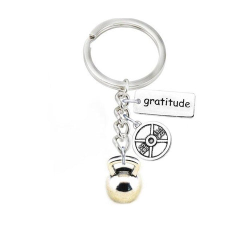 DOUBLE NOSE Alloy Antique Silver Tone Weight Plate Kettlebell Fitness Gratitude Keychains Key Finder