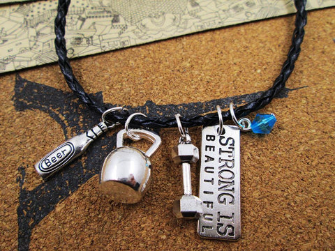leather chain necklace strong i sbeautiful/kettlebell/barbell/sports necklace ,friend gift,birthday present ,pendant necklace