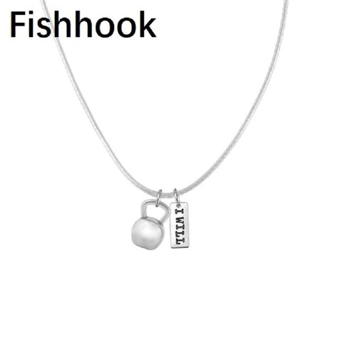 Fishhook Zinc Alloy Kettlebell Pendant Necklace Sport Bodybuilding Statement  Silcer Plated I WILL Charm For Men/Women