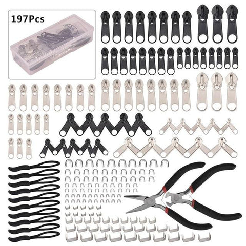 197pcs/Set Zipper Replacement Head Zipper Repair Kit Universal Instant Fix Replacement Zip Slider Tools For Zipper Accessories