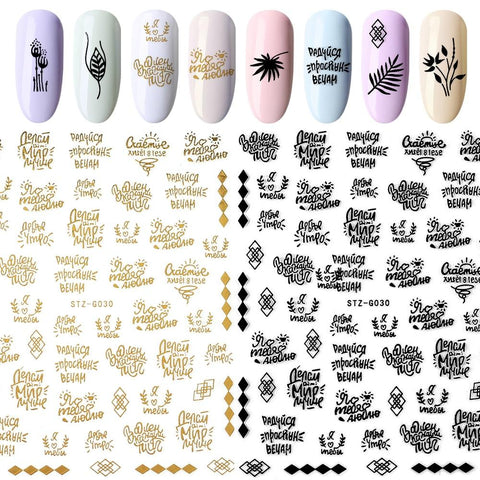 1 Sheet 3D  Letters  Summer Design Nail Sticker Black Gold Leaf Sliders Nail Art Adhesive Decal Manicure Tattoos Sticker