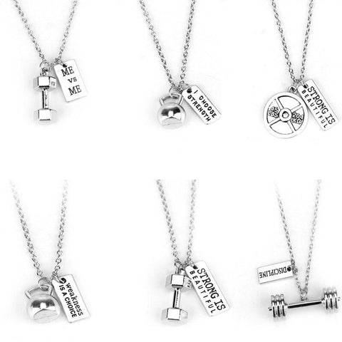 7 Style Fitness Gym Pendant Necklace Jewelry Bodybuilding Necklaces for Men Women Sport Kettlebell Barbell Dumbbell DIY Necklace