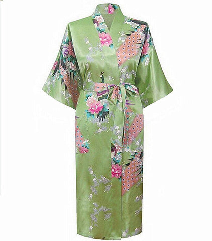 Brand New Green Long Robe Satin Rayon Bathrobe Nightgown For Women Kimono Sleepwear Flower Plus Size S M L XL XXL XXXL A-112