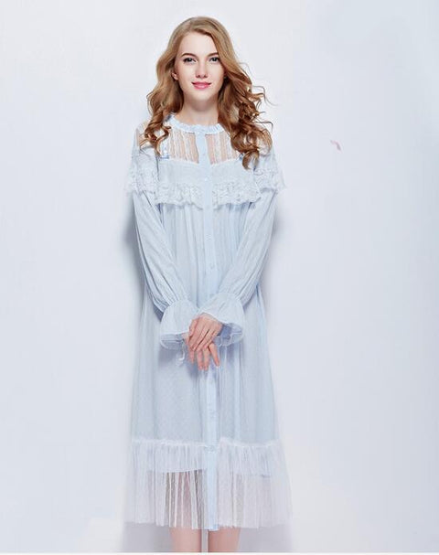 Free Shipping 2016 New Autumn Women's Long Blue and White Vintage Pyjamas Lace Sleepwear Cotton Nightgown Lady Royal Nightshirt