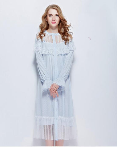 Free Shipping 2016 New Autumn Women's Long Blue and White Vintage Pyjamas Lace Sleepwear Cotton Nightgown Lady Royal Nightshirt