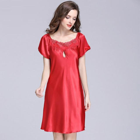 2017 New Sweet Young Women Silk Nightgown Printed Fashion Knee-length Girl Sleepwear Summer Ladies Sleepshirts Pink,Camel,Blue