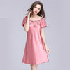 2017 New Sweet Young Women Silk Nightgown Printed Fashion Knee-length Girl Sleepwear Summer Ladies Sleepshirts Pink,Camel,Blue