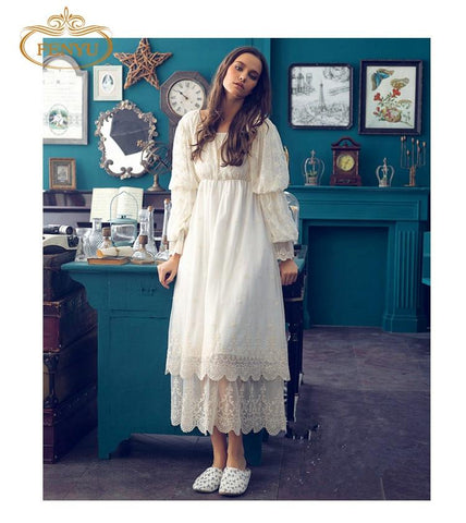 Free Shipping 2015 New Autumn High Quality  Women's Long Nightgowns  Beige Pijamas Lace Embroidery Sleepwear Vintage  Nightgown