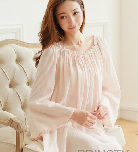 Free Shipping Classical Aesthetic Princess 100% Cotton Vintage Royal Nightgown Long Pijamas  Naked Pink Sleepwear
