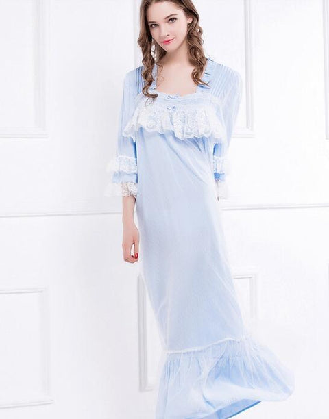Free Shipping New Summer and Autumn Women's Long Blue and White Vintage Pyjamas Lace Sleepwear Lady Nightgown Royal Nightshirt