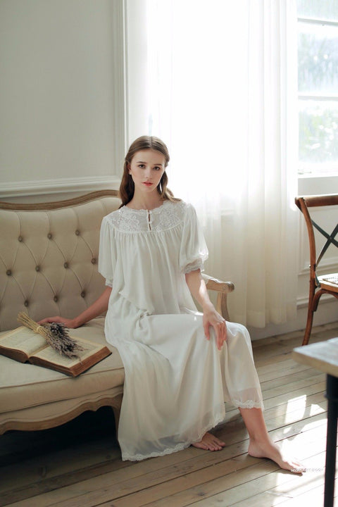 Free Shipping 2016 New Summer Princess Women's White Nightgown Long Sleepwear  Vintage Chiffon Pijamas roupao feminino