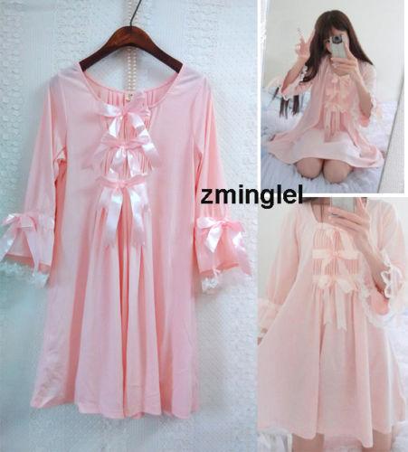 Kawaii Girls Lolita Silk Cotton Sakura Pink Sleep Dress Gown Vintage Princess Bows Cute