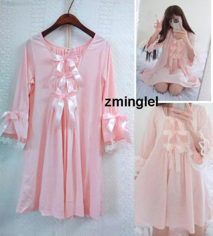 Kawaii Girls Lolita Silk Cotton Sakura Pink Sleep Dress Gown Vintage Princess Bows Cute
