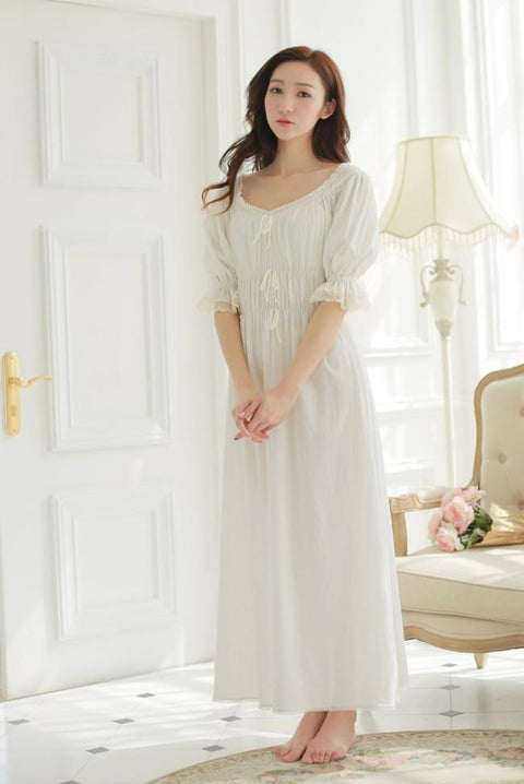 Free Shipping New Summer 100% Cotton Princess Nightshirt Women's Nightgown White Long Sleepwear Vintage Pijamas roupao feminino