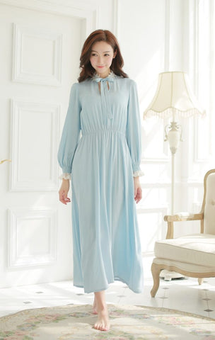 Free Shipping Princess Style Women's Blue and White Nightgown Long Sleepwear  Vintage Pijamas roupao feminino