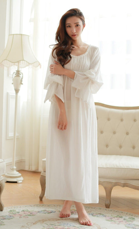 Free Shipping 100% Cotton Princess Style Women's Nightgown White Long Sleepwear Vintage Pijamas roupao feminino