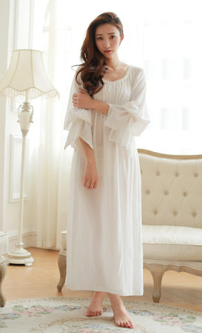 Free Shipping 100% Cotton Princess Style Women's Nightgown White Long Sleepwear Vintage Pijamas roupao feminino