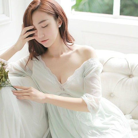 Free Shipping 2016 New Summer Princess Women's Nightgown Long Sleepwear Vintage Pijamas V-neck Nightshirt