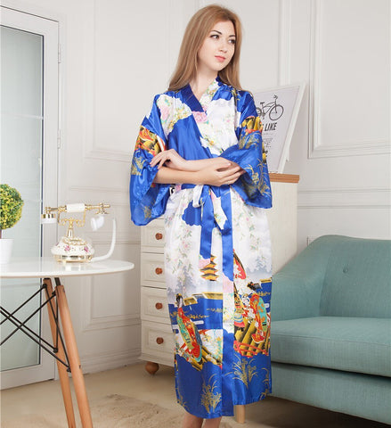 Sexy New Vintage Female Kimono Robe Long Print Nightgown Roayl Blue Sleepwear V-Neck Mujer Pajamas Dressing Gown One Size